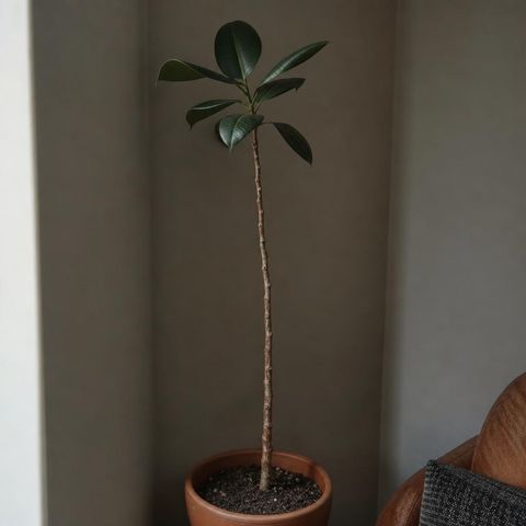 A rubber plant with a long bare stretch of stem and only a small cluster of
leaves at the very top, the gaps between leaf scars stretched, standing in a
terracotta pot in a dim corner away from the
window