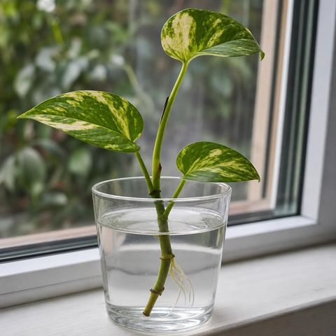 A pothos cutting with three green and yellow marbled leaves standing in a clear glass of water on a windowsill, a few thin white roots growing from a node below the waterline