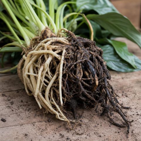 The bare root ball of a peace lily lying on a wooden bench with the soil shaken off, one side a mass of thick pale cream roots and the other side dark brown and black where the roots have rotted and collapsed