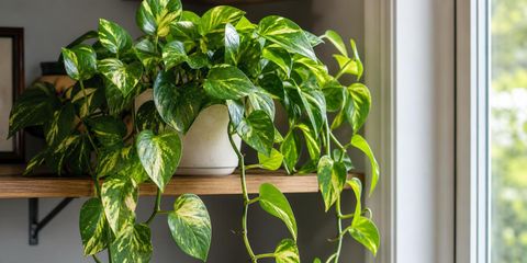 A full golden pothos in a pale pot on a wooden wall shelf beside a window, its glossy heart-shaped leaves streaked with yellow and its long vines trailing down below the shelf