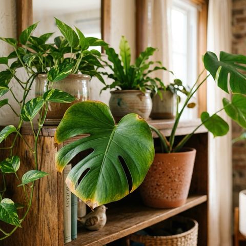 A wooden shelf of houseplants in a warm living room, with a monstera leaf in front yellowing and browning at the edges